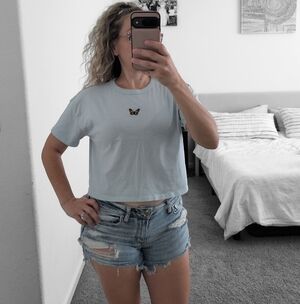 Common Threads T-Shirt Semi Cropped Baby Blue Embroidered Butterfly Size Medium